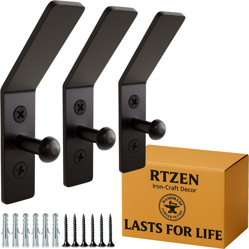 RTZEN Wall Mount Hook Set - Wrought Iron Decorative Rustic Metal Coat Hooks for Hanging - Handcrafted Classic Farmhouse Wall Mounted Black Hooks for Towel Robe or Hat Hanging - 3 Pack - Image 1